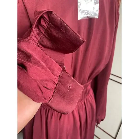 Express Burgundy Satin Long Sleeve V-Neck Mini Dress Size M - Picture 6 of 8